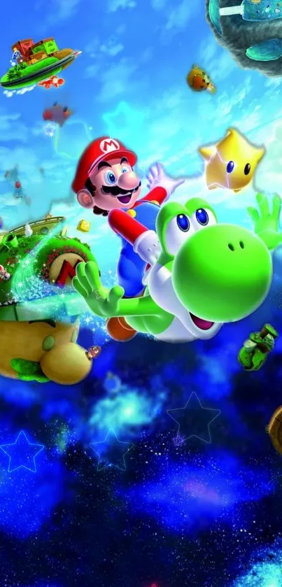 Mario and Yoshi flying through a vibrant galaxy in space.