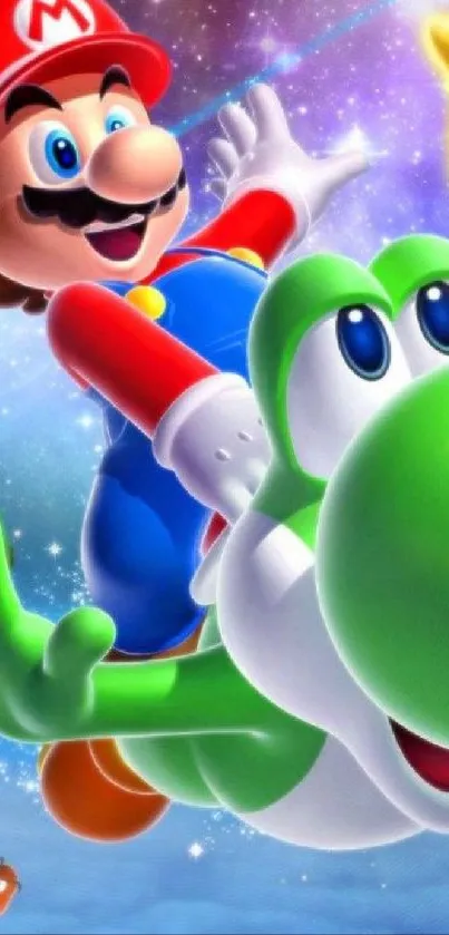 Mario Galaxy adventure with Yoshi and stars in vibrant colors.