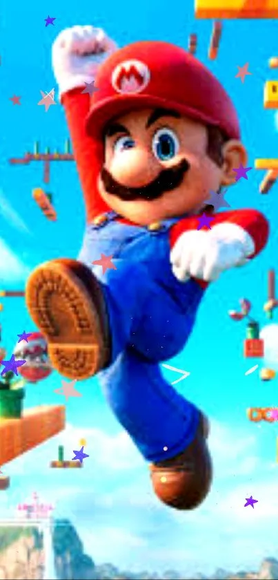 Colorful Mario jumping in vibrant game world.