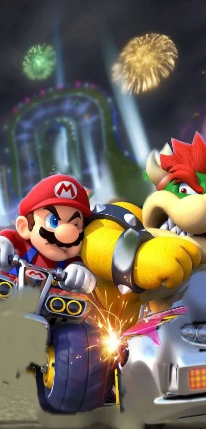 Mario and Bowser racing in colorful night scene with fireworks.