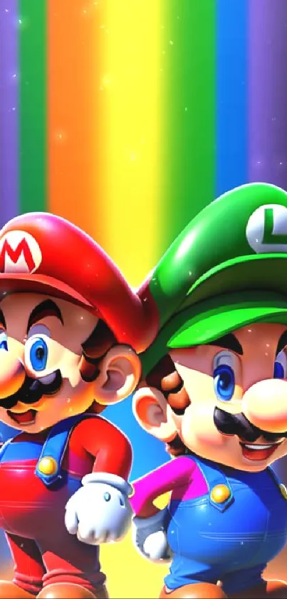 Colorful Mario and Luigi wallpaper with rainbow backdrop.