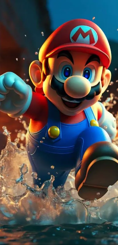 Energetic depiction of Mario splashing water in vibrant colors.