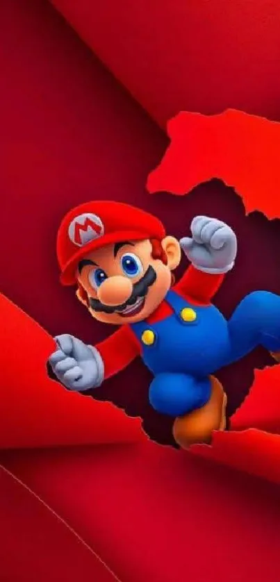 Mario jumping through a red background in a dynamic mobile wallpaper.