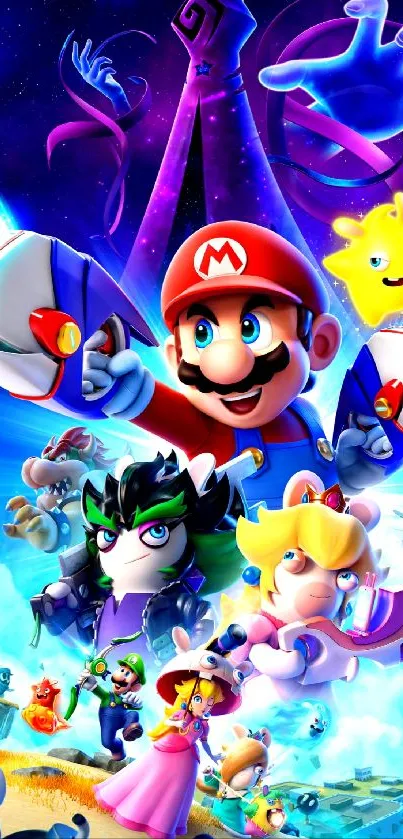 Mario and friends vibrant cosmic adventure wallpaper.