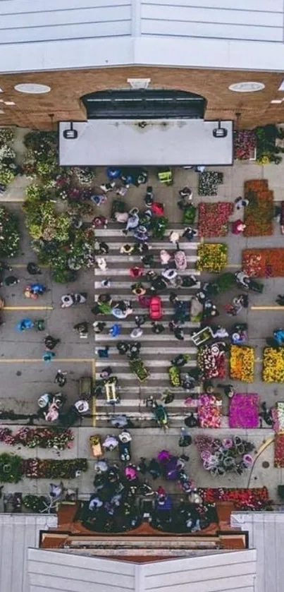 Aerial view of colorful market with flower stalls.