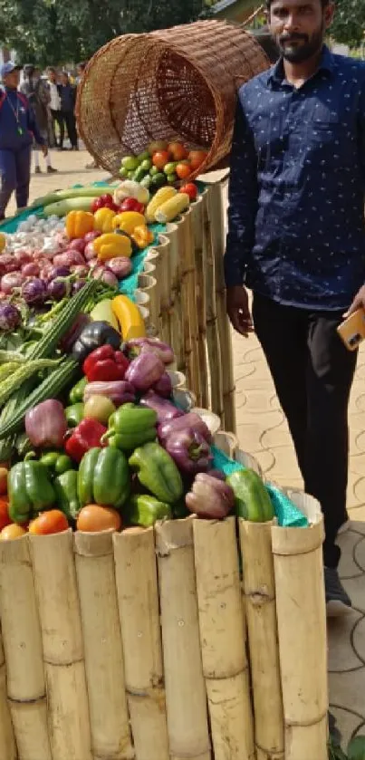 Colorful vegetables on bamboo stand in market scene.