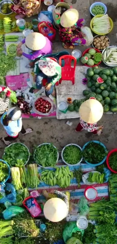 Overhead view of a vibrant market with fresh vegetables.