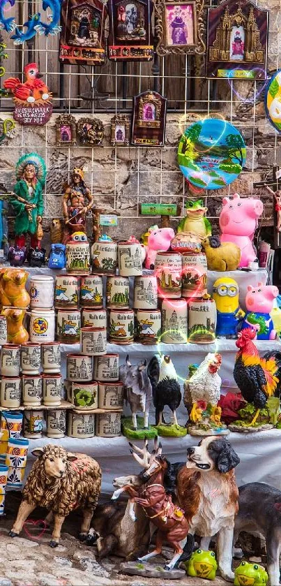 Colorful market stall with crafts and pottery on display.