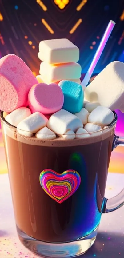 Colorful mug with marshmallows and neon background.