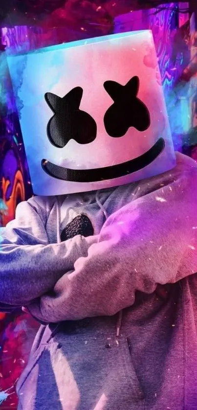 Marshmello-themed vibrant neon graffiti wallpaper for mobile.