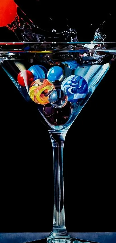 Vibrant martini glass splash with colorful spheres wallpaper.