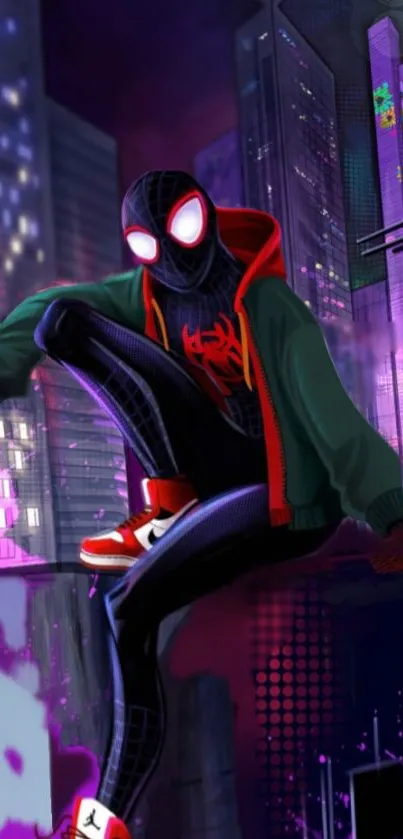 Marvel superhero in urban nightscape, vibrant illustration.