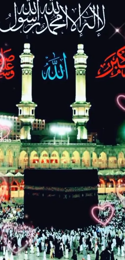 Vibrant Masjid Al-Haram at night with glowing calligraphy and hearts.