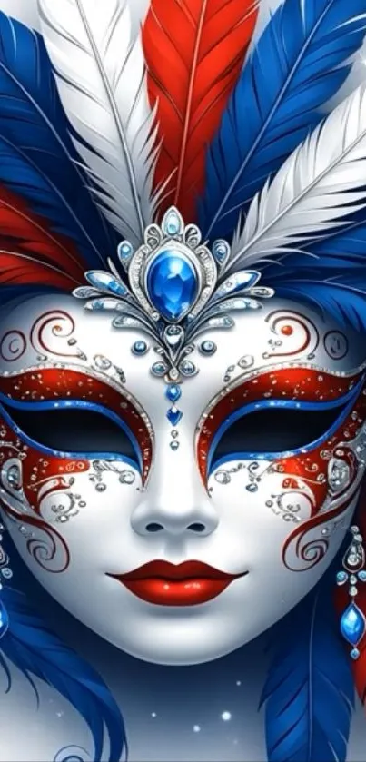 Vibrant and colorful mask with red, blue, and white feathers.