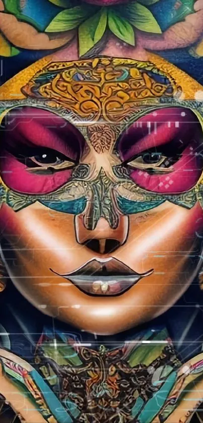 Colorful mask art wallpaper with intricate patterns and vivid shades.