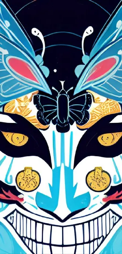 Vibrant mask design with butterflies in dark blue hues.