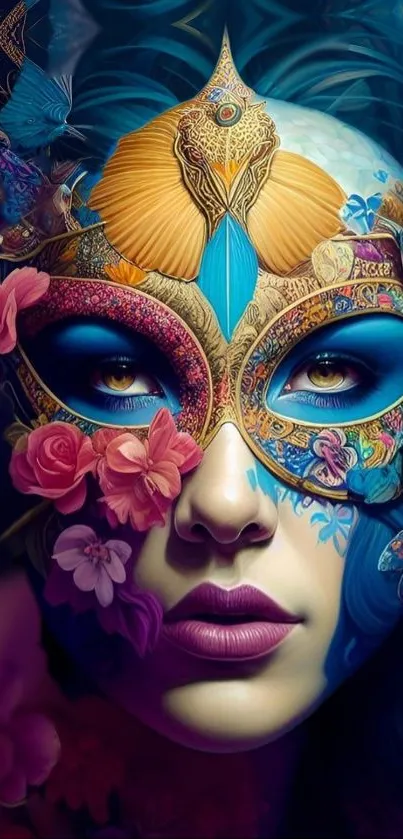 Vibrant fantasy mask wallpaper with floral patterns.