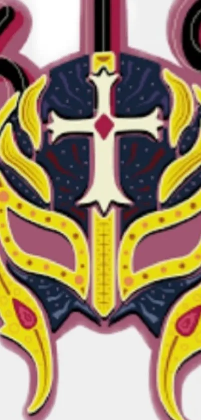 Colorful mask design mobile wallpaper with vibrant yellow and red details.