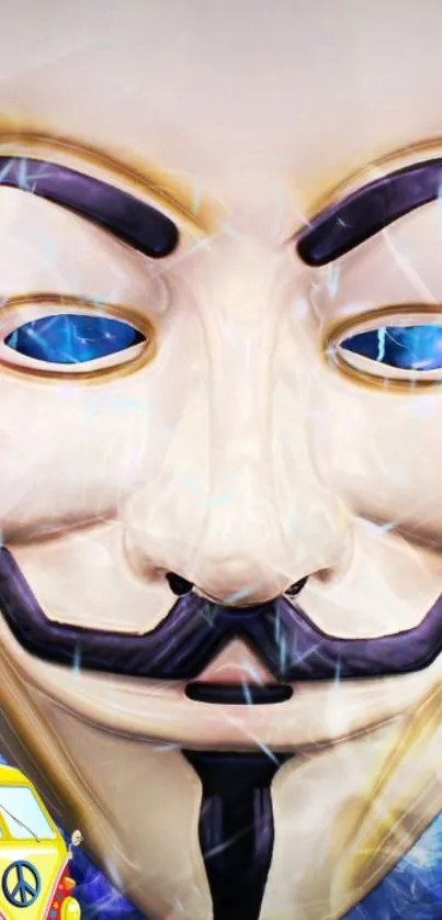 Mysterious mask with blue eyes, vibrant background.