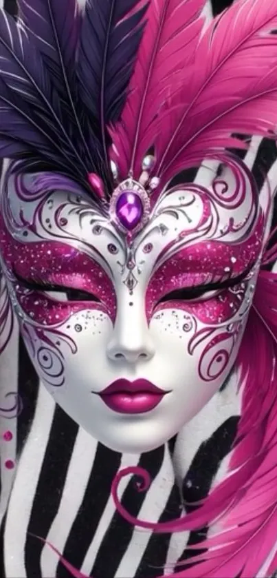Intricate mask with feathers on striped background.