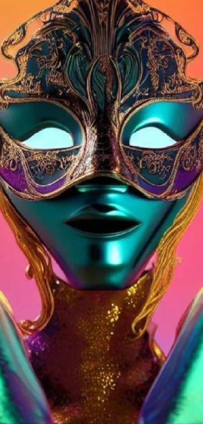 Vibrant wallpaper featuring a surreal masked figure with neon colors.