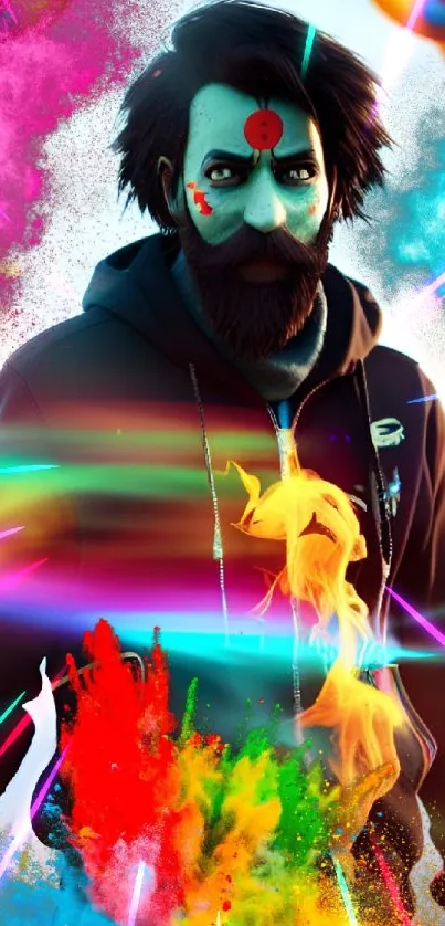 Masked figure with vibrant colors in abstract digital artwork.