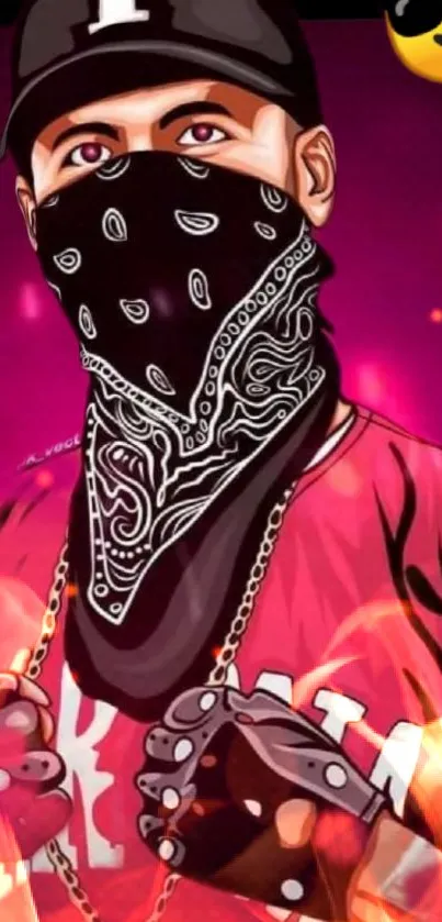 Vibrant artwork of masked person with deep pink background.