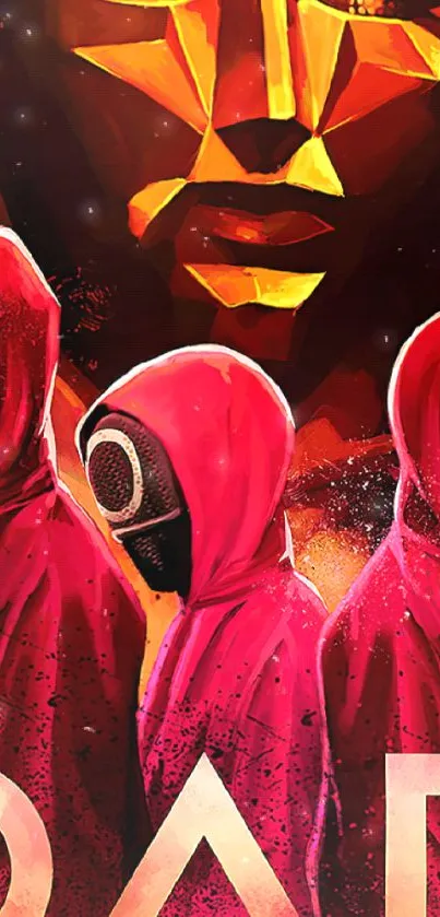 Red-robed figures with abstract masks on an artistic mobile wallpaper.