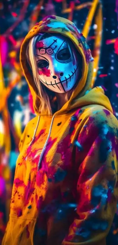 Masked figure in colorful graffiti-style hoodie.