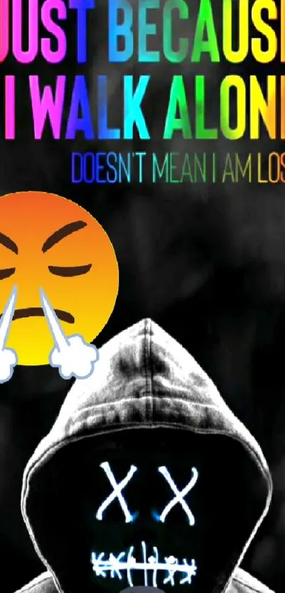 Colorful masked figure in hoodie with inspirational text and emoji.