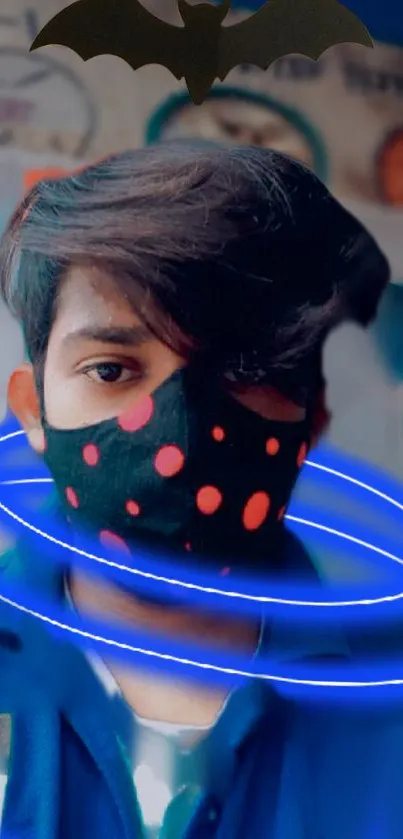 Portrait with neon rings and mask in blue theme.