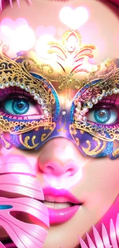 Vibrant pink masquerade mask wallpaper with artistic gold detailing.