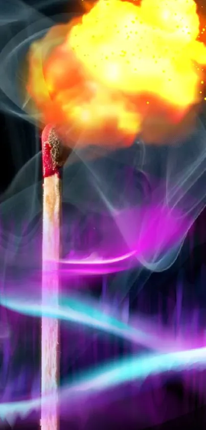 Vivid matchstick with fiery orange flame and colorful smoke wallpaper.