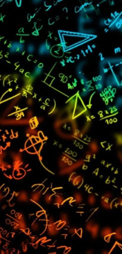 Vibrant math equations and colorful patterns on a black background.