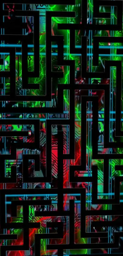 Vibrant neon maze abstract wallpaper featuring dark green and red hues.