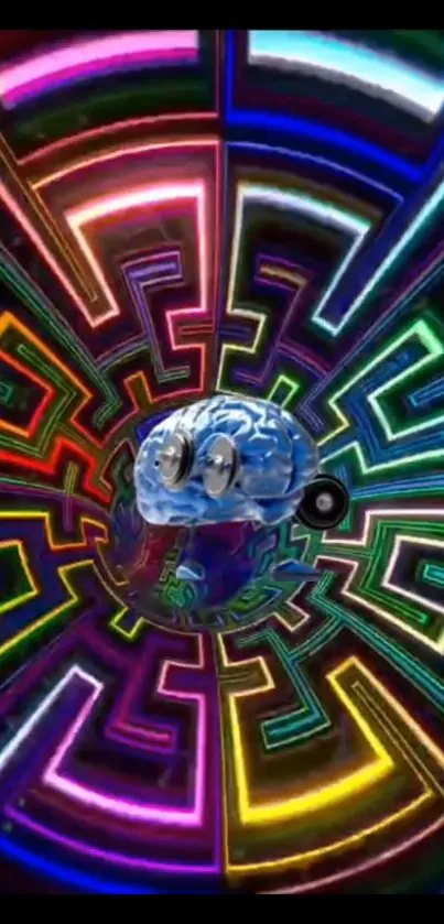 Futuristic brain amidst vibrant neon maze with colorful patterns.