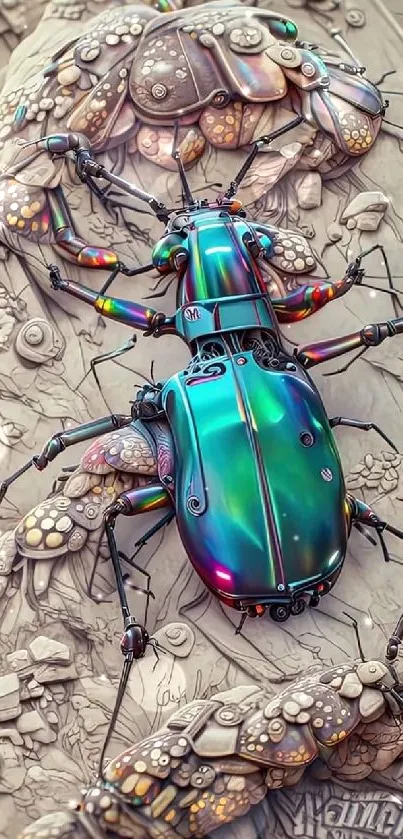 A vibrant teal mechanical beetle on intricate steampunk design.