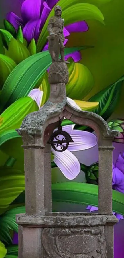 Stone statue with vibrant flowers in background.