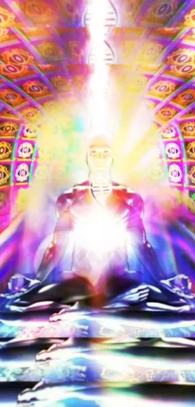 Vibrant psychedelic meditation art wallpaper with radiant yogi figure.