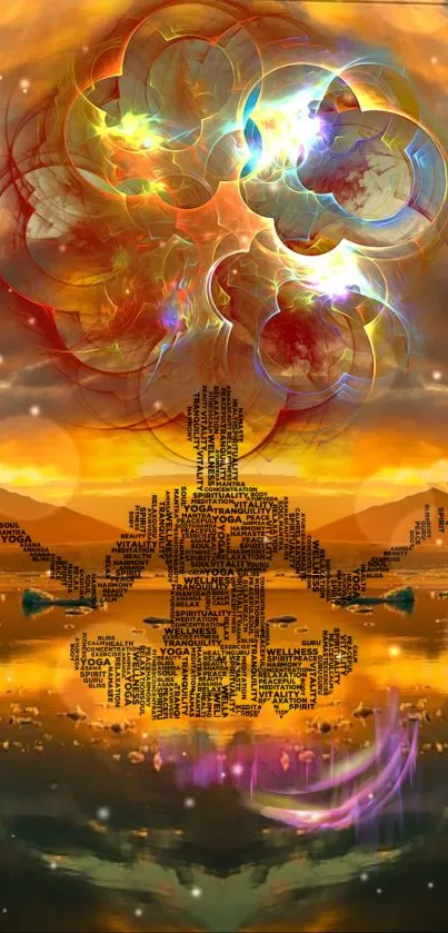 Meditation art wallpaper with colorful energy swirls and serene figure.