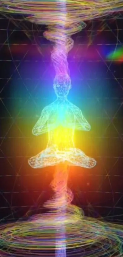 Colorful meditation aura with rainbow light and serene figure.