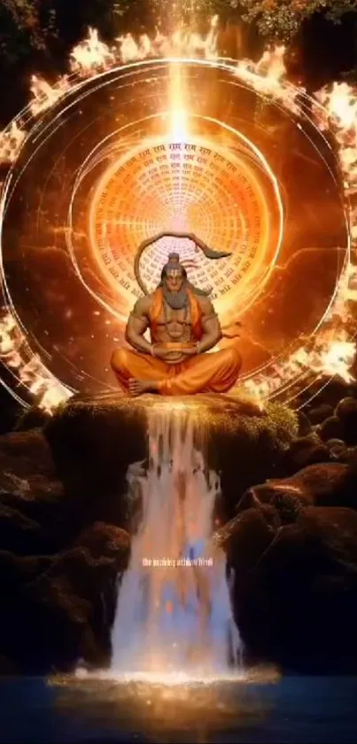 Meditative figure in vibrant, fiery circle art on waterfall background.