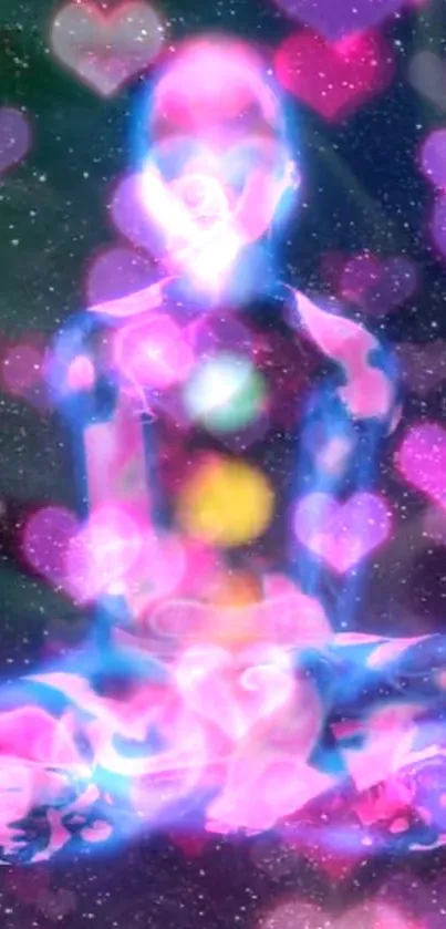 Meditative figure amidst glowing hearts with vibrant cosmic colors.