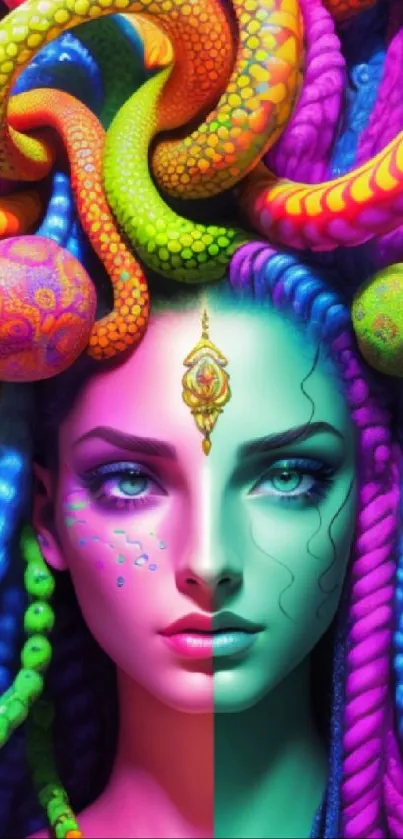 Vibrant neon Medusa with colorful snakes in fantasy art wallpaper.