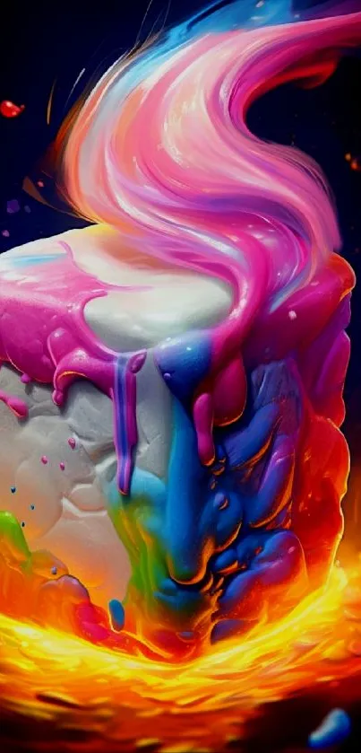 Vibrant abstract art of a melting cube with fiery colors.