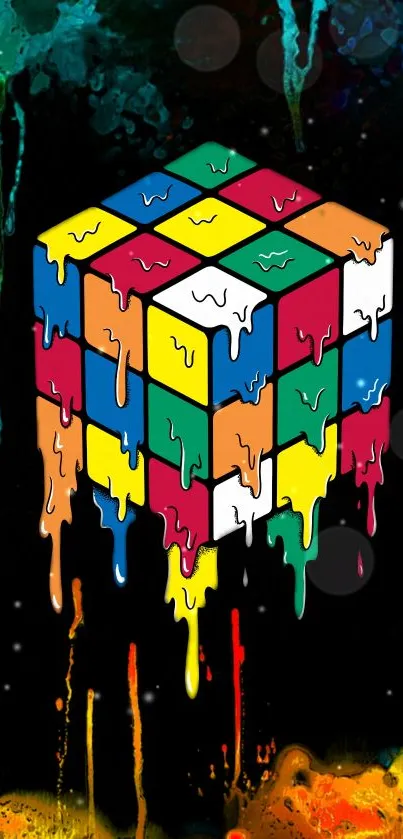 Colorful melting cube dripping on black background.