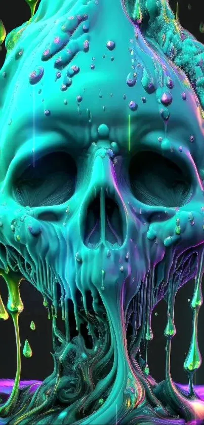 Vibrant turquoise melting skull art wallpaper