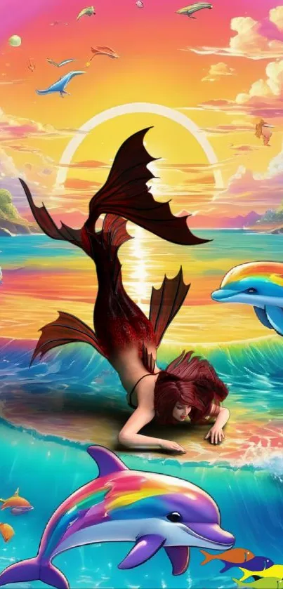 Mermaid resting on a rock with dolphins and vibrant sunset.