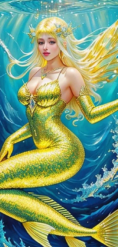 A stunning golden mermaid in a vibrant underwater scene.