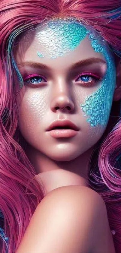 Mermaid-inspired digital art wallpaper with vibrant pink and blue hues.